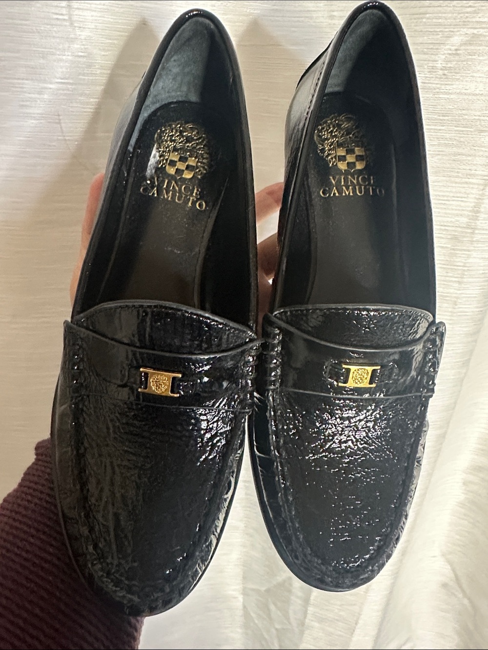 Vince Camuto Black Patent Leather Loafers with Gold Accent